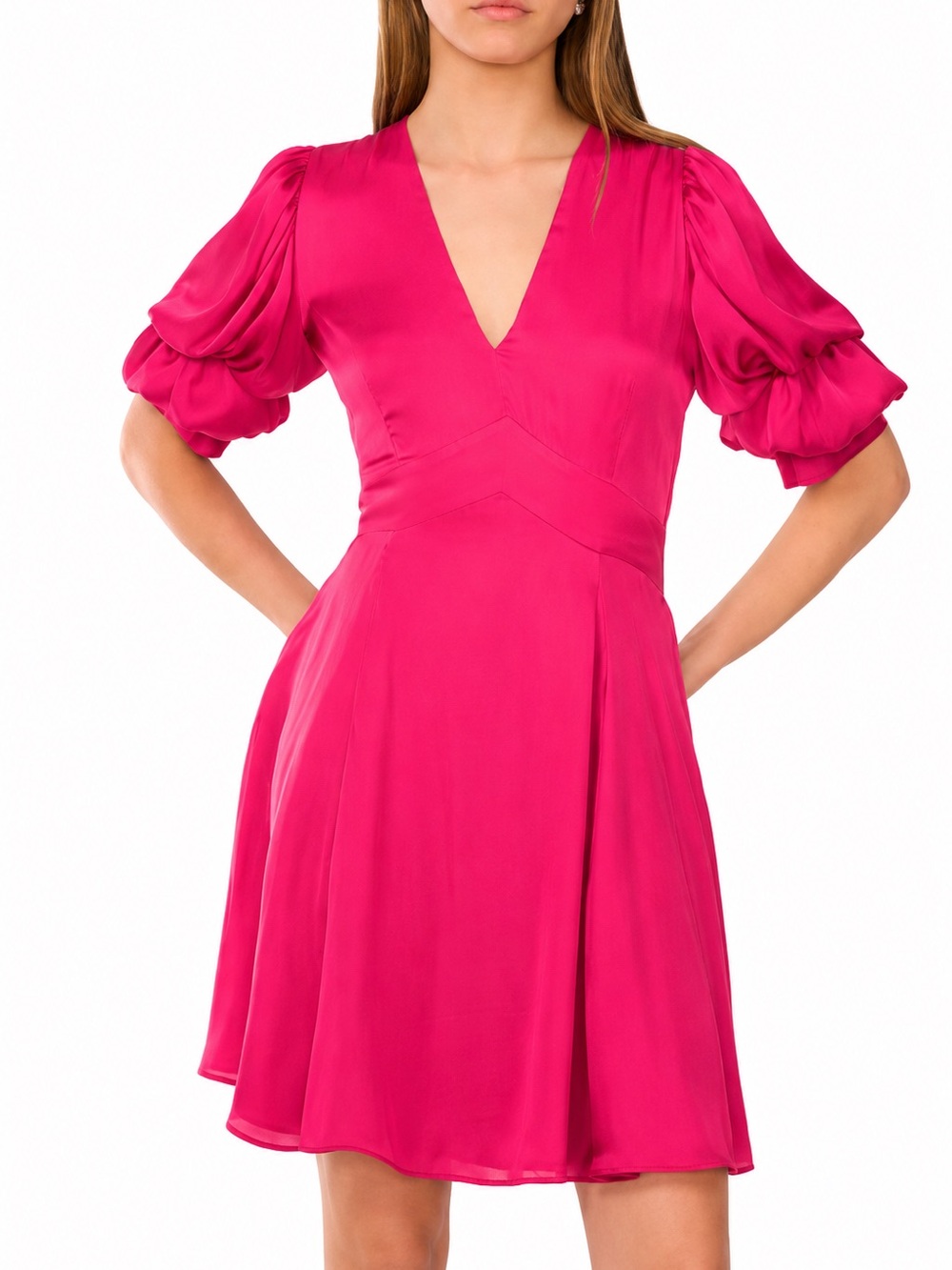 1.STATE Fuchsia Fit & Flare Mini Dress L Bubble Puff Sleeve V-Neck Lined NWT